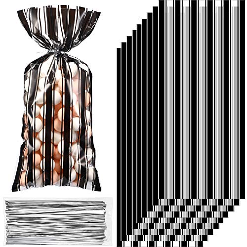 100 Pieces Halloween Plastic Black and White Stripe Printed Treat Bags Treat or Trick Bags Clear Cellophane Candy Goodies Bags with 100 Sliver Twist Ties for Halloween Birthday Party Favors