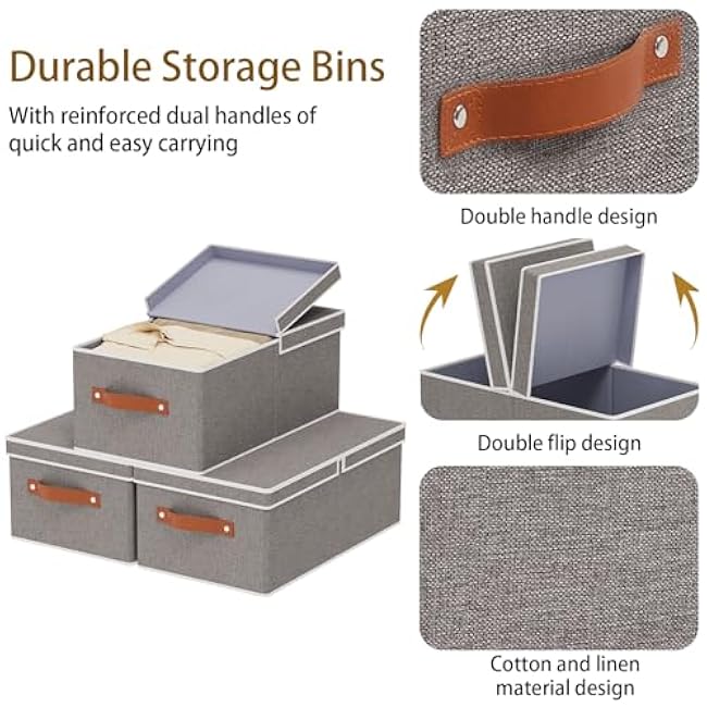 3-Pack Storage Boxes, Foldable Blanket Basket with Detachable Lid, Linen Closet 0rganizers with Double Handles, Collapsible Cubes for Organizing, Grey, 13 x 9.1 x 5.5 inch