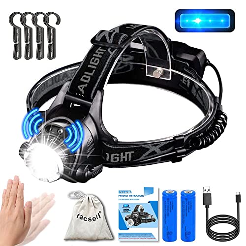 facsell Linternas Frontales LED Alta Potencia,Linterna Frontal LED Recargable Alta Potencia,Linterna Cabeza con Sensor,Rotación de 90 °,Visualización de energía residual,18650 Bateria Cover