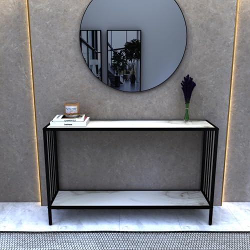 Image of Metal Frame 2-Tier Premium Entryway Table for Living Room, Hallway & Bedroom | Modern Narrow Sofa Console Table for Home & Office Decor | Sturdy & Stylish Accent Table (Black Strip)