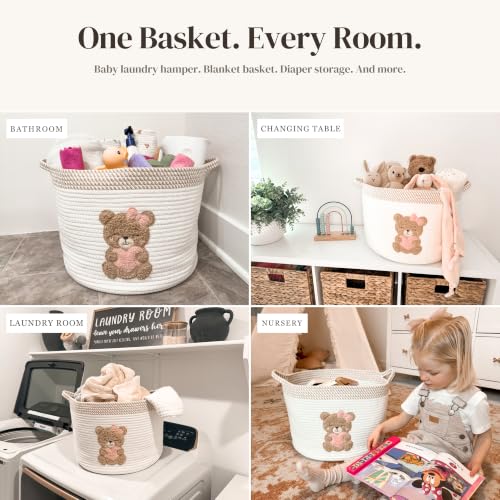 Image of Pink Teddy Bear Baby Storage Basket, Cotton Rope Nursery Bin, 15x11 in | Stuffed Animal and Blanket Storage, Embroidered Bear Patch, Baby Girl Room Decor, Gift, Kids Playroom Organizer