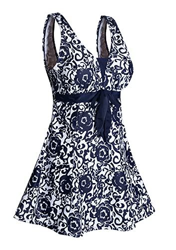 Ecupper Maillot de Bain Une Pieces pour Femme Rétro Jupe avec Volantée Contrôle du Ventre Push Up Col en V Bleu Marine XL