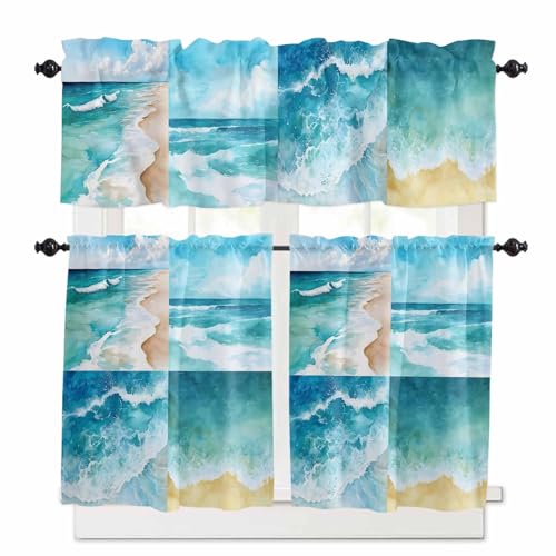 Turquoise Summer Beach Kitchen Curtains 36 Inch Length, 3 Piece Rod Pocket Small Half Tiers and Valance Set, Coastal Ocean Waves Nautical Small Large Window Treatment Decor for Bedroom/Bathroom Sink