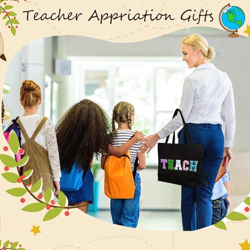 Teacher Appreciation Gifts Women Tote Bag Funny Thank You Gag Gifts Colorful Teach Letters with Interior Pocket3