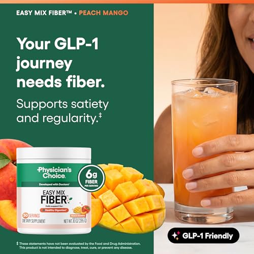 Image of Physician's CHOICE Easy Mix Fiber for GLP-1 Support - No Grit - Daily Prebiotic Soluble Fiber Powder Supplement for Women and Men - Peach Mango - 30 Servings