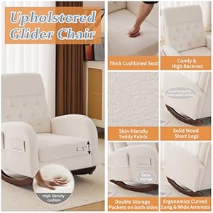 VINGLI Teddy Fleece Low Seat Rocking Chair,Boucle Upholstered Nursery Glider Chair with Side Pockets,Accent Arm Chair with High Backrest,Comfy Head Rest,Solid Wood,for Living Room, Bedroom,Beige VINGLI Teddy Fleece Low Seat Rocking ChairBoucle Upholstered Nursery Glider Chair with Side PocketsAccent Arm Chair with High BackrestComfy Head RestSolid Woodfor Living Room BedroomBeige