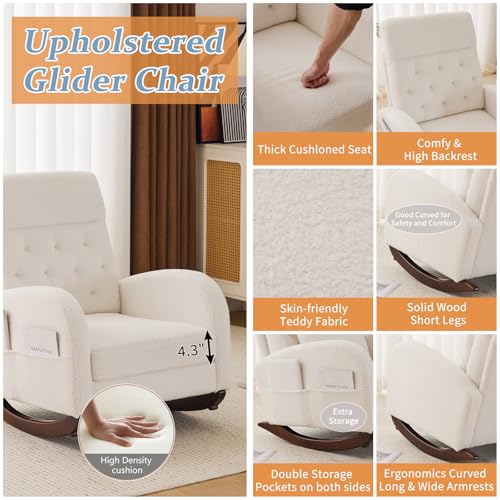 VINGLI-Teddy-Fleece-Low-Seat-Rocking-ChairBoucle-Upholstered-Nursery-Glider-Chair-with-Side-PocketsAccent-Arm-Chair-with-High-BackrestComfy-Head-RestSolid-Woodfor-Living-Room-BedroomBeige VINGLI Teddy Fleece Low Seat Rocking ChairBoucle Upholstered Nursery Glider Chair with Side PocketsAccent Arm Chair with High BackrestComfy Head RestSolid Woodfor Living Room BedroomBeige