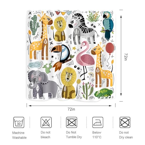 Image of Cute Animal Shower Curtain Wildlife Lion Zebra Elephant Chameleon Flamingo Giraffe Home Bathroom Decor Waterproof Fabric 72Lx72W Inch with Plastic 12PCS Hooks