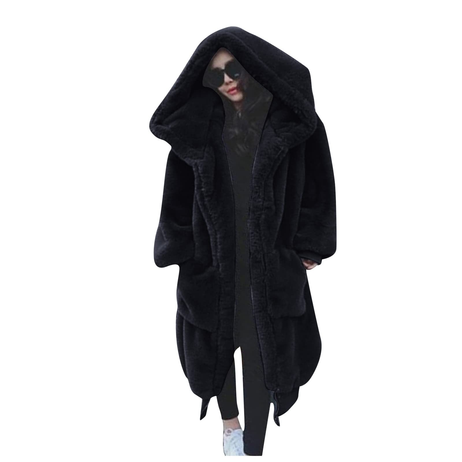 Plüschjacke Damen Lang - Teddy Kapuzenmantel Winter Warm Kapuzenjacke