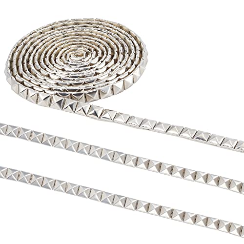 CHGCRAFT 2.5 Yards Hot Fix Pyramid Nailhead Trim 304 Stainless Steel Silver Iron-on Convex Pyramid Nailhead Trim with PU Leather Base for Decoration