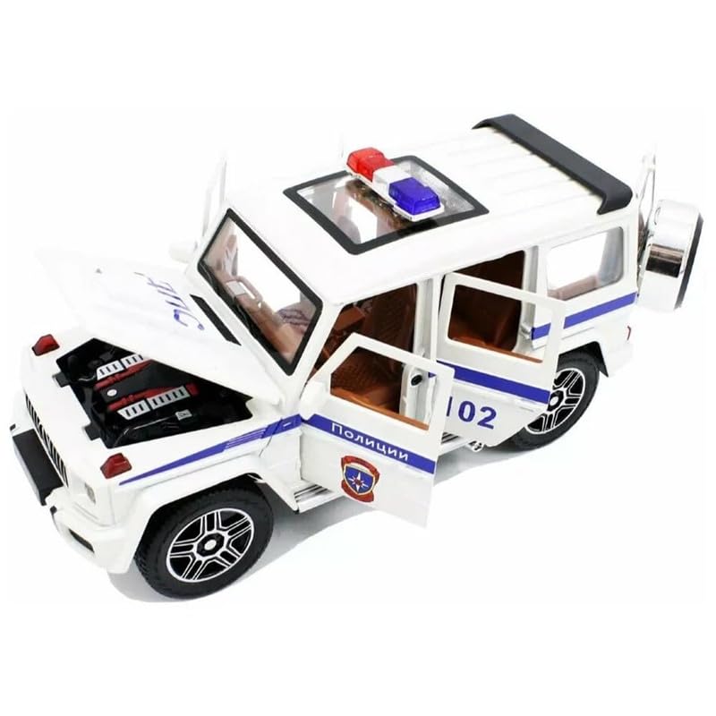 Image of Kids Model 1:32 G Wagon Police Die Cast Metal Car Pull Back Action Opening Doors with Realistic Engine Sound Lights Toy Car Gift for Boys - White