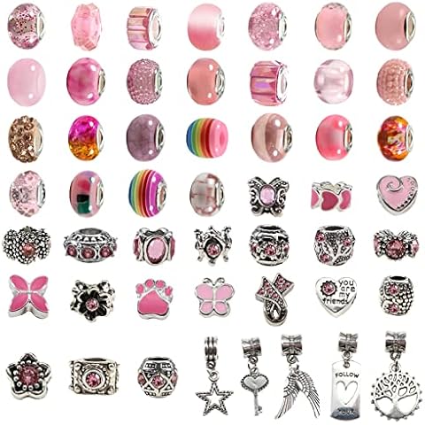 TOAOB 100pcs Assorted European Large Holes Beads Pink Spacer Lampwork Glass Craft Beads Assortments Rhinestone Metal Beads for DIY Charms Bracelet Necklace Jewelry Making Cover