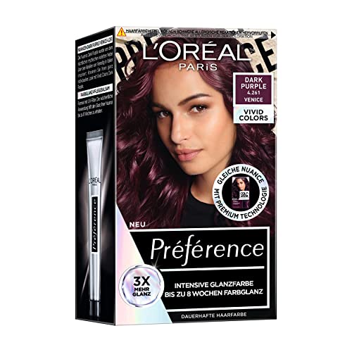 L'Oréal Paris Intensive Permanent Hair Colour, Up to 8 Weeks of Shiny Hair and Intense Colour, Préférence Vivid Colors, Colour: 4.261 Dark Purple, Pack of 1
