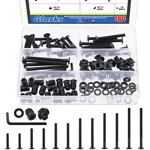 Glarks 181Pcs M6x30/40/50/60/70/80mm Black Zinc Button Head Hex Socket Screws Bolts Assortment Kit with M6 T-Nuts