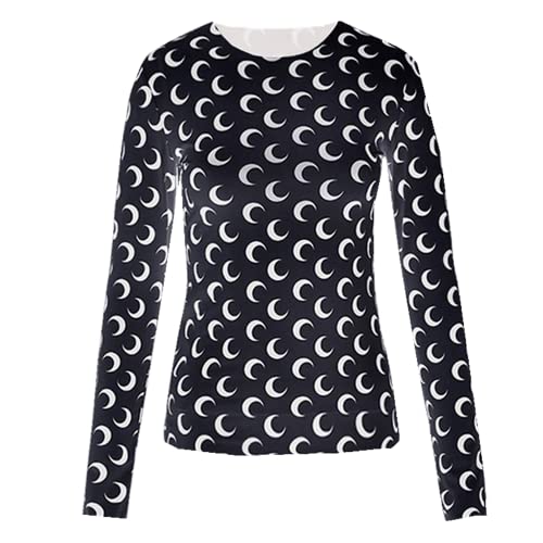 NP Crescent Moon Print & Long/Short Sleeves Shirt Women Bodycon Outfits Summer Tee