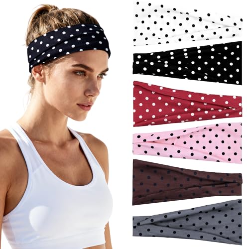 Polka Dot Headbands for Women - 6 Pack Valentines Day Headbands Wide Non-Slip Workout Elastic Hair Bands Stretchy Head Bands Soft Cloth Sweatbands Cute Athletic Headband for Yoga Running Gym