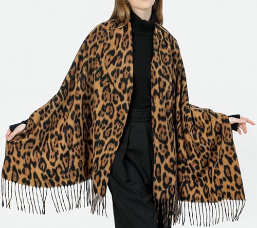 INOGIH Winter Large Long Leopard-Print-Fringe Blanket-Scarf for Women - Cold Weather Soft Warm Wrap Shawl Scarves 71”*283
