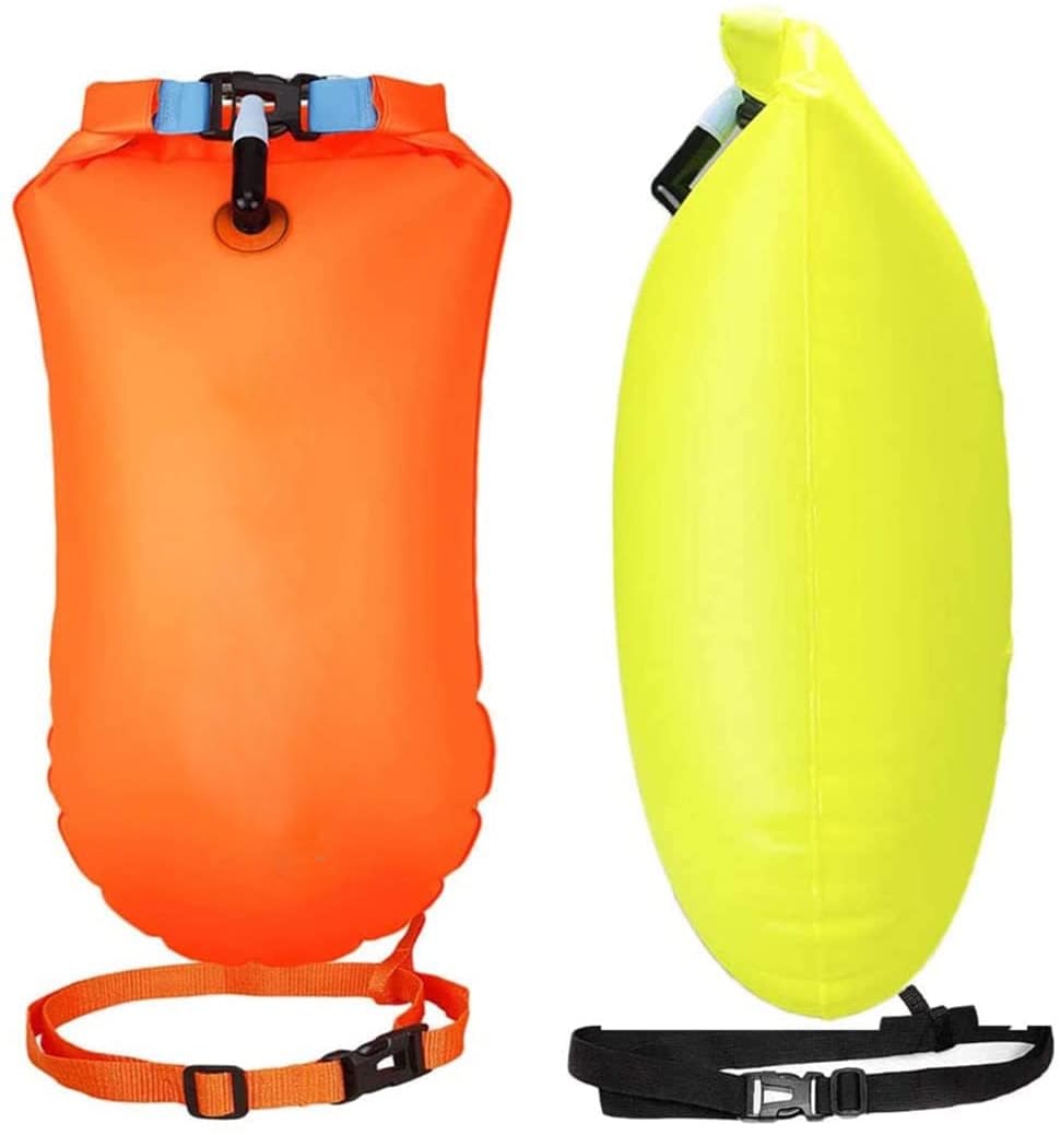 SADAHALU 20L Waterproof Dry Bag, Swim Buoy Float, Inflatable Bubble Bag, Visible with Storage Space& Adjustable Waist Belt, Lightweight for Swimming, Training, Kayaking, Snorkeling, yellow/orange