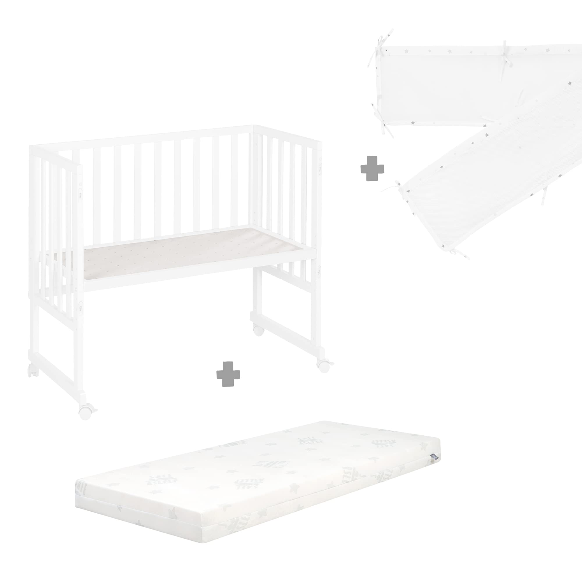 roba Lit Cododo 45 x 90 cm safe asleep® 3 en 1 - Hauteur Réglable - Berceau + Matelas + Barrière en Toile + Bordure en Maille + 4 Roulettes à Freins - Ensemble de Lit Bébé - Bois Blanc