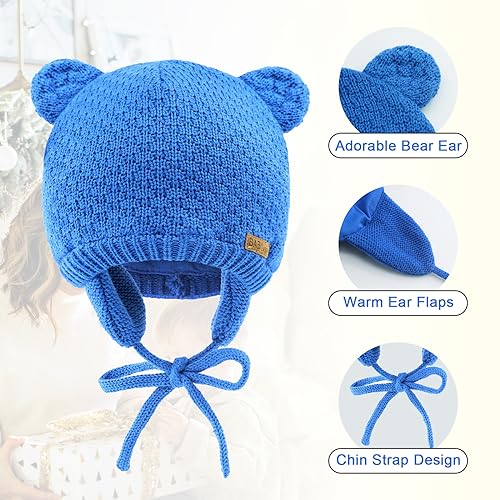 XIAOHAWANG Baby Hat Cute Bear Toddler Earflap Beanie Warm for Fall Winter (F-Royal Blue, M(6-12 Months))