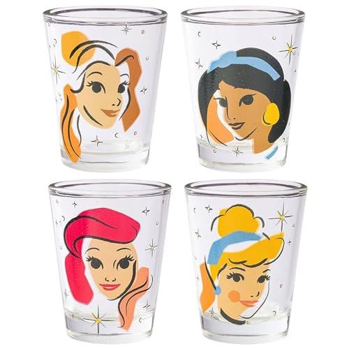 Silver Buffalo Disney Princess Abstract Faces Sparkle 4-Pack Mini Glass Set, 1.5 Ounces