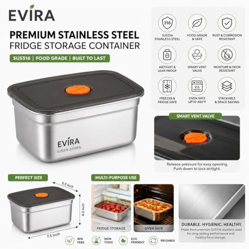 Image of Fridge Storage Box 316 Stainless Steel Food Storage Containers | Food Grade, Leakproof Kitchen Organizer | Freshness Locking, Microwavable & Freezer Safe (1200 ML - 4 PCs)
