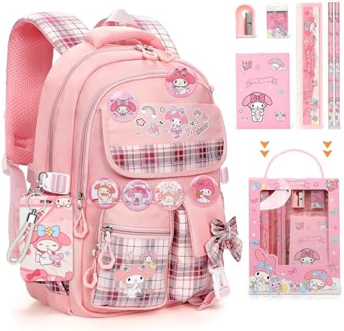 Cartoon Backpack for Girls - Cute Anime Backpack for Girls Kids Teens Womens School Backpack, Anti-Theft Outdoor Travel Laptop Bookbags with 14Pcs Accessories, School Bags - Pink
