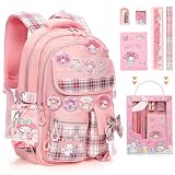 Ensccant Backpack for Girls with Accessories - Anime Schoolbag Cartoon Backpack Laptop Bookbags Anti-Theft Travel Aesthetic New Semester Gifts Bag with Pins,ID Badge Holder,Stationery (Pink, Pink)