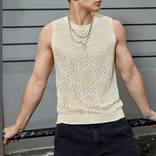 Men Beach Tops Knitted Hollowed Out Vest Crew Neck Sleeveless Clothes Vest2