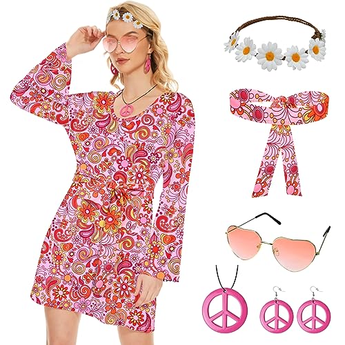 Ulikey 6 Stück Hippie Kostüm Damen Set, 60er 70er Kleid Hippie Kleidung...