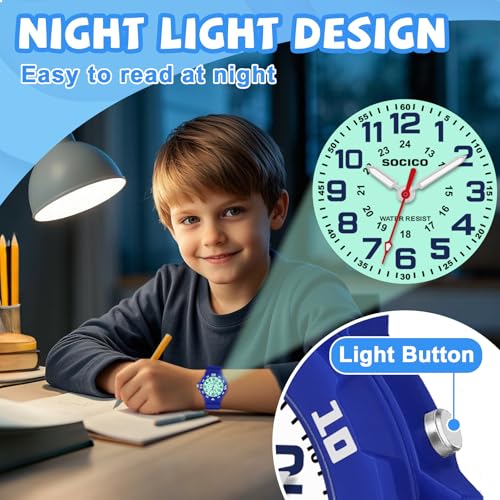 SOCICO Kids Analog Watch with Light for Boys Girls Waterproof Time Teaching Watch with Soft Band Learning Time Wrist Watch Easy to Read for Children Great Gifts (Blue)