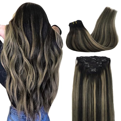 Image of GOO GOO Clip in Hair Extensions Real Human Hair, Remy Human Hair Extensions Clip ins for Women, Natural Human Hair, 22inch 120g 7Pcs, 1B /16 /1B Balayage Natural Black to Light Blonde