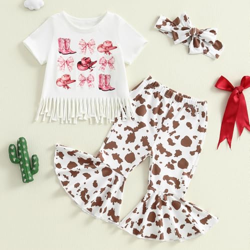 MAINESAKA Western Baby Girl Clothes Toddler Cowgirl Bell Botton Outift Short Sleeve T-shirt Flare Long Pants Cute Summer Set2