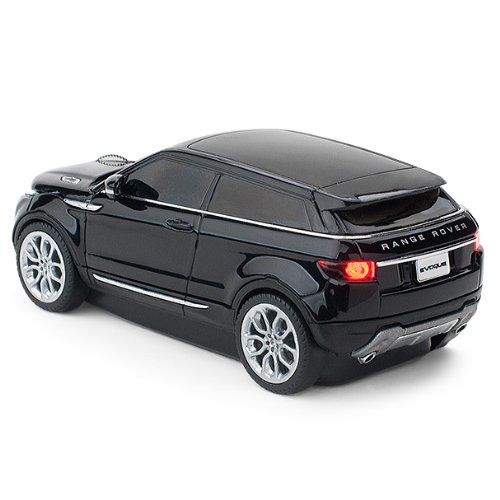 Rear view of the black Range Rover Evoque wireless mouse with taillights illuminated.