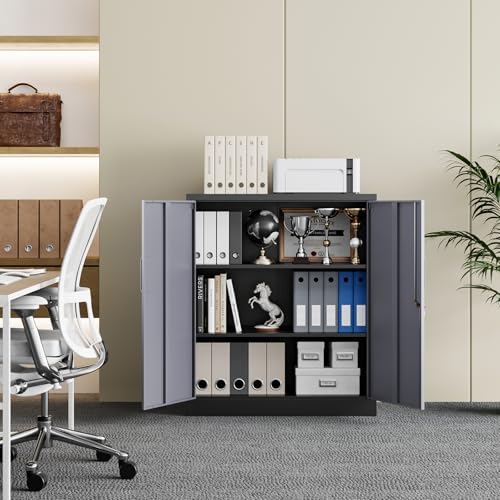 Image of Yizosh Metal Garage Storage Cabinet with 2 Doors and 2 Adjustable Shelves - 35.5 inch Steel Lockable File Cabinet for Home Office,Garage,Gym,School(Gray Black)