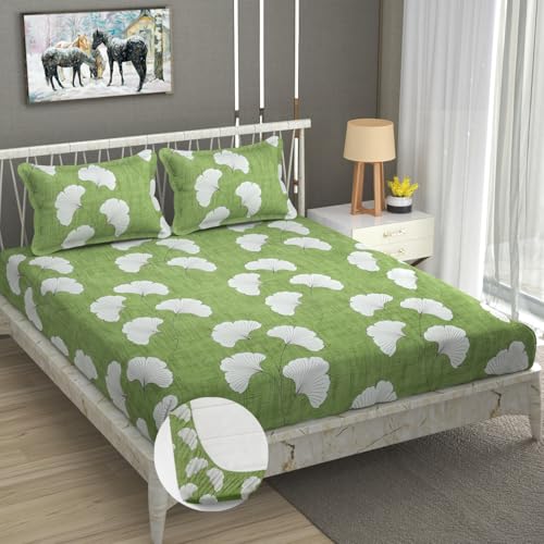Image of Premium Heavy Cotton Elastic Fitted Bedsheets with 2 King Size Pillow Covers | Double Bed with All Around Elastic 350 TC | 72 x 78 x 10 Inch King Size Fitted | :- Green Jhaad
