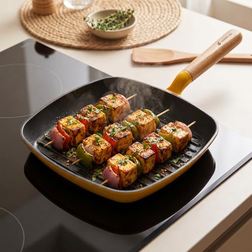 Image of CUMIN CO. Enamel Cast Iron Grill Pan | 24 cm, 1.2L | 10 Year Warranty | Non Toxic Non Stick Pan for Kebab and Tikkas | Chemical Free Coating |Gas, Induction & Grill Safe | Mustard