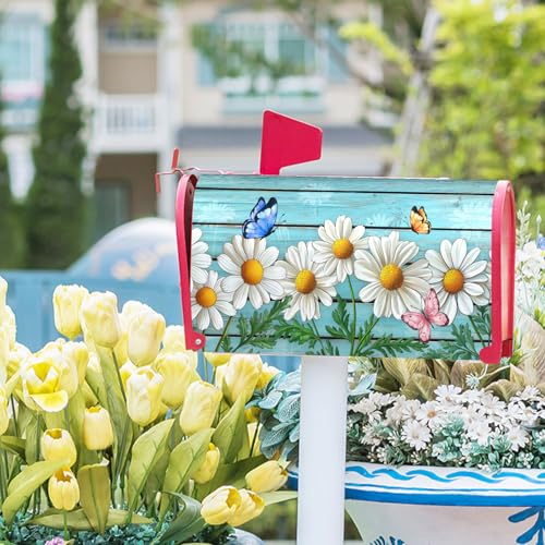 Image of Rustic Spring Summer Daisy Mailbox Covers Magnetic Large Size Spring Teal Old Wood Board Magnetic Mailbox Covers Daisy Floral Mailbox Wrap Post Letter Box Cover for Garden Yard Decor 25x21 Inch
