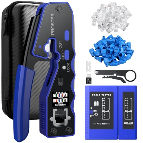 Proster Kit de Crimpadora RJ45 con Comprobador de Cables Pelacables Alicates de Terminales RJ45 Cat6 Cat5 Cat5e con Conectores Pasantes Cat6 50PCS y Fundas para Mantenimiento y Reparación de Red