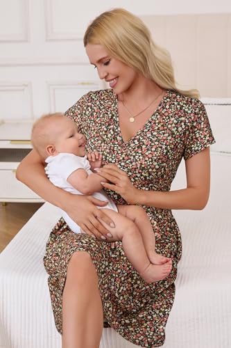 Image of OUGES Maternity Nursing Dress Breastfeeding Short Sleeve V Neck Casual Pregnancy Clothes with Pockets