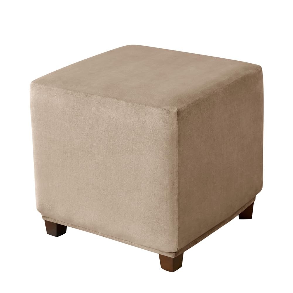 Highdi Velvet Square Ottoman Cover, Rectangle Stretch Footstool Slipcover, Stool Protector with Elastic Bottom, Dustproof Removable Washable Footrest Pouffe Covers (M, camel)