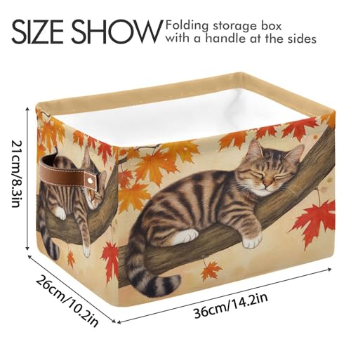 Image of Wamika Fall Cat Kitty Storage Basket with Waterproof Liner and PU Handles Autumn Maple Leaves Storage Bins Boxes 14.2 inch Collapsible Decorative Organizer Baskets for Bedroom Closet Office 1 Pack