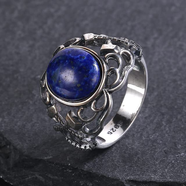 XJruixi Ovale 10 * 12mm Naturel Labradorite Lapis Lazuli 925 Anneaux en Argent Sterling Creux Conception Fine Bijoux Turquoise Anneau Cadeau pour Les Femmes
