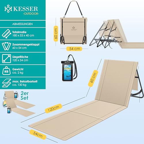 KESSER® 2er Set Strandmatte klappbar mit Verstellbarer Rückenlehne, Tragegurt, wasserdichter Tasche & Aufbewahrung – Faltbare Sonnenliege für Strand, Garten & Terrasse je 130 kg belastbar