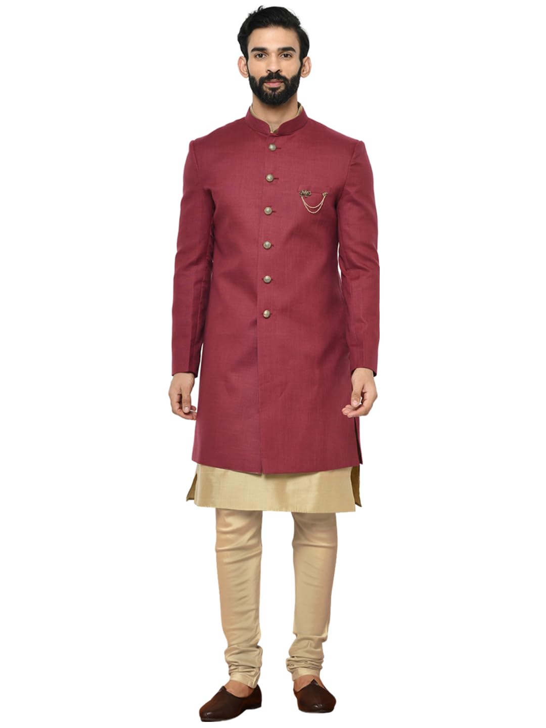 Kisah Men's Cotton Blend Full Sleeves Regular Fit Solid Maroon Kurta Indo-Western Sherwani Churidar Set, 40
