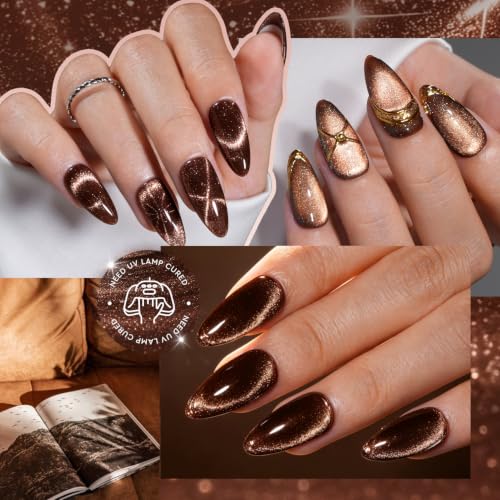 Image of AZUREBEAUTY 18ML Brown Cat Eye Magnetic Gel Nail Polish | Brown Coffe Glitter Gel Polish Magnetic Shimmer Effect Soak Off UV French Nail Art Design Salon DIY Manicure Gift for Women