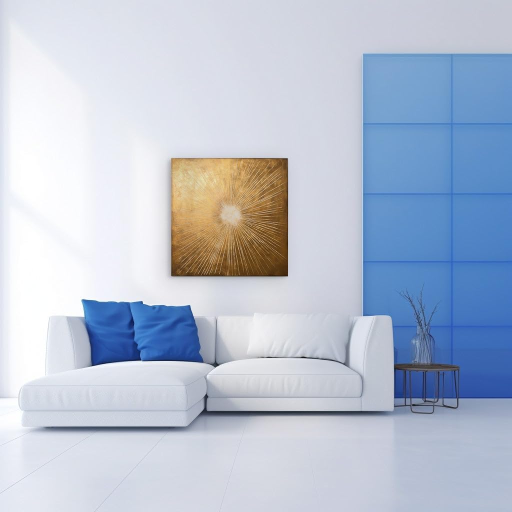 Canvas for Living Room. Radiant Energy Unleashed - A Harmonious Fusion of White Sun and Golden Grandeur, 27 x 18 inch Canvas Wall Art - Contemporary Masterpieces - Modern Home Decor