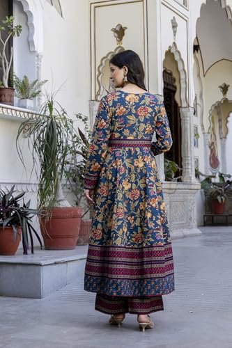 Image of Pistaa's Women's Pure Cotton Anarkali Floral Printed Kurta with Palazzo & Dupatta Set