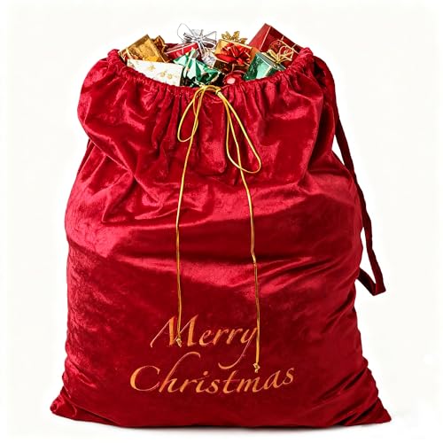 Large Velvet Santa Claus Christmas Sack with Drawstring 29.5 x 35.5 Inch Gift Bags for Xmas Party Decor Stocking Stuffers and Holiday Gift Supplies (Red)