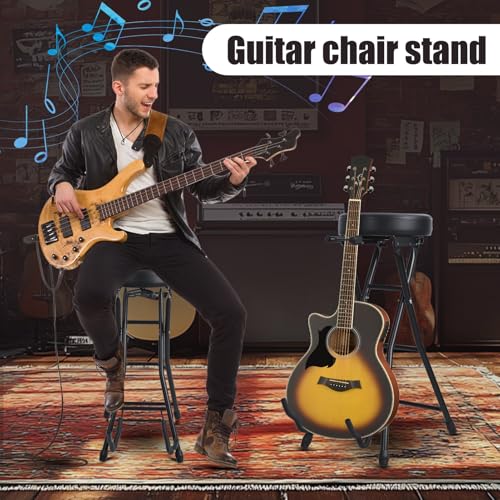 Image of Guitar Stool with Padded Seat, Foldable Guitar Chair with Guitar Stand, Retractable Hook,Fits Acoustic, Electric & Bass Guitars Black